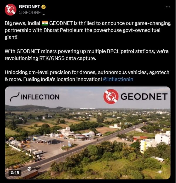 GEODNET announces partnership with Bharat Petroleum, highlighting DePIN’s growing impact on real-world infrastructure.